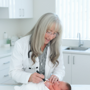 Dr Jimi Francis conducting an evaluation of newborn