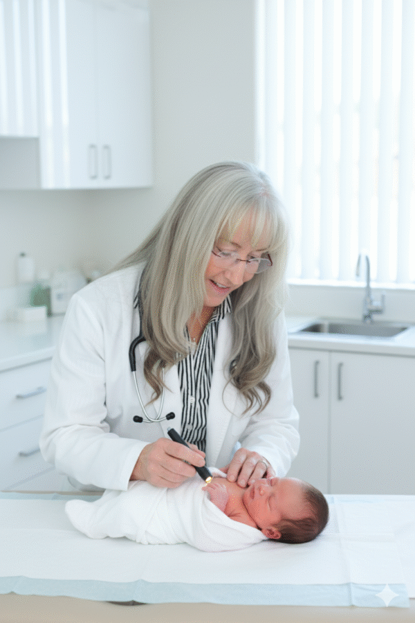 Dr Jimi Francis conducting an evaluation of newborn