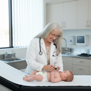 Dr Jimi performing a follow up exam of baby